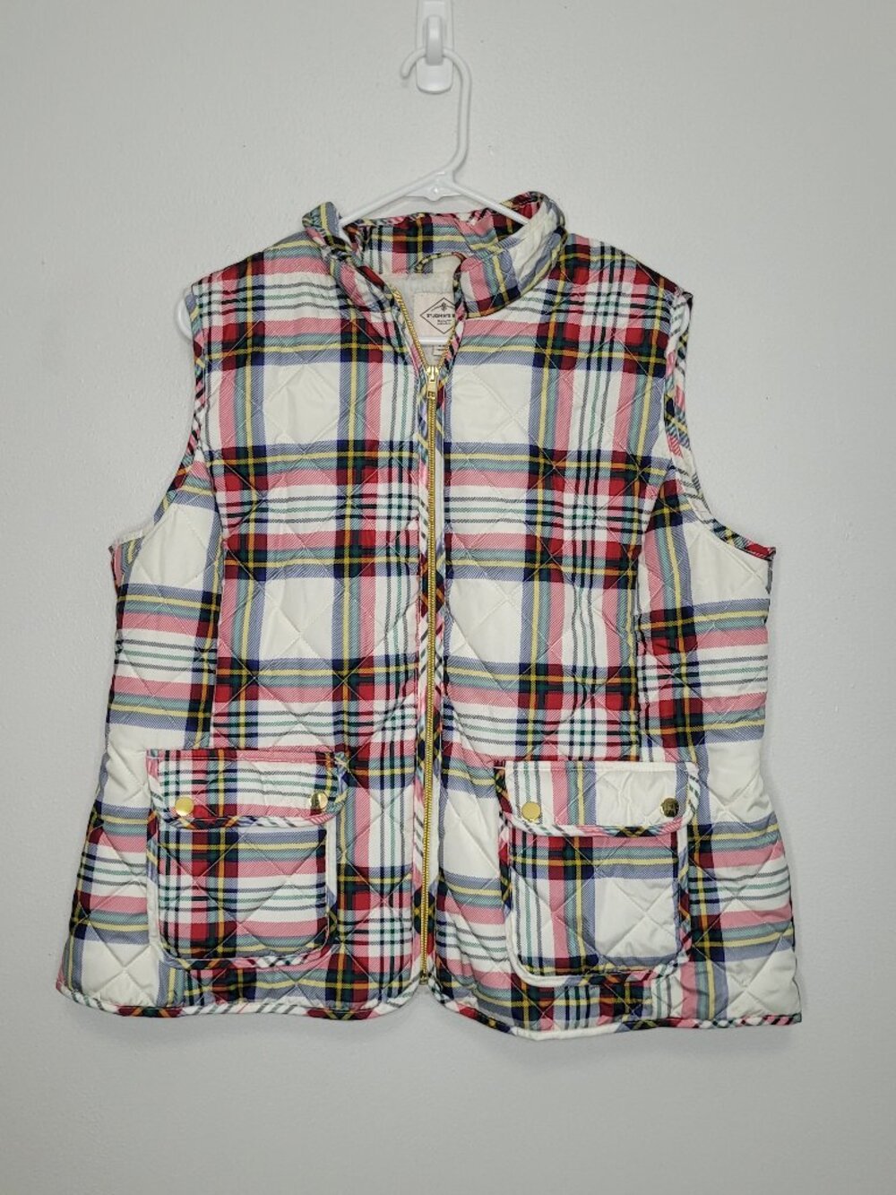 St. John's Bay Quilted Puffer‎ Vest Women Red Pink Plaid Full Zip holiday XXL